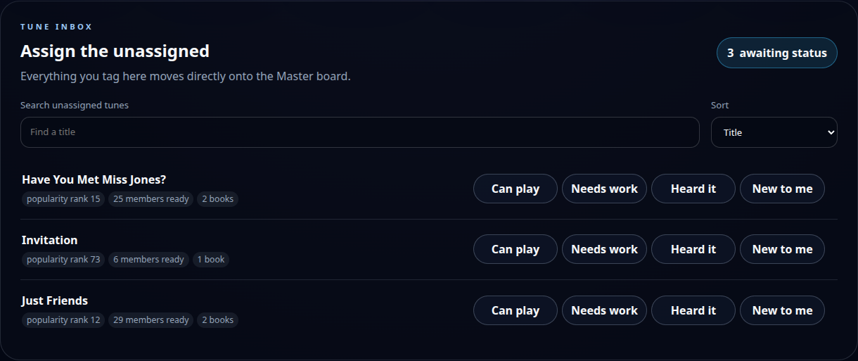 JazzRep Unassigned view with status buttons beside each tune