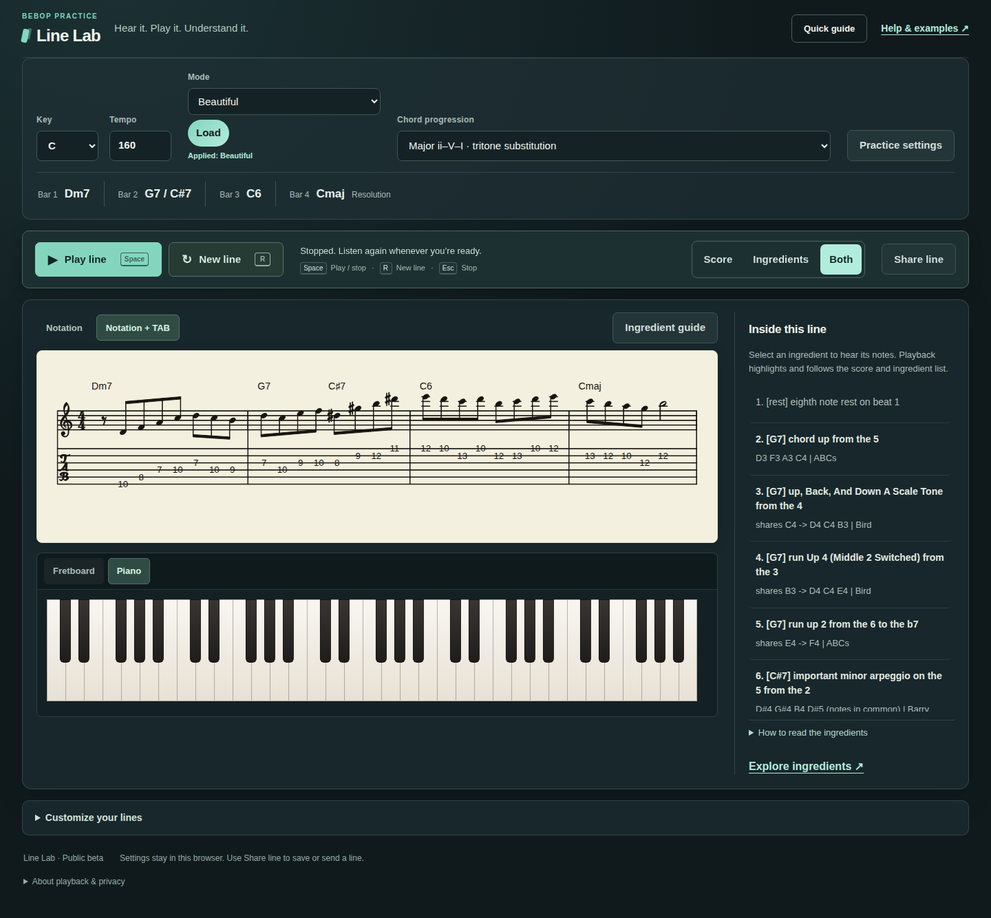 Line Lab showing key, tempo and chord changes above a playable score, guitar TAB and the ingredient list.