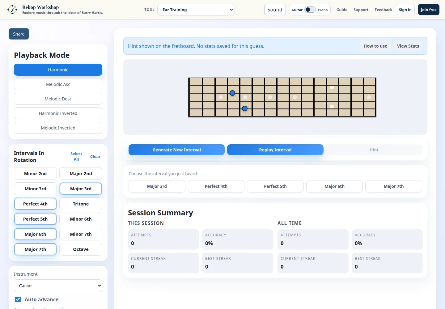 Ear Training showing an interval question and visual instrument hint.