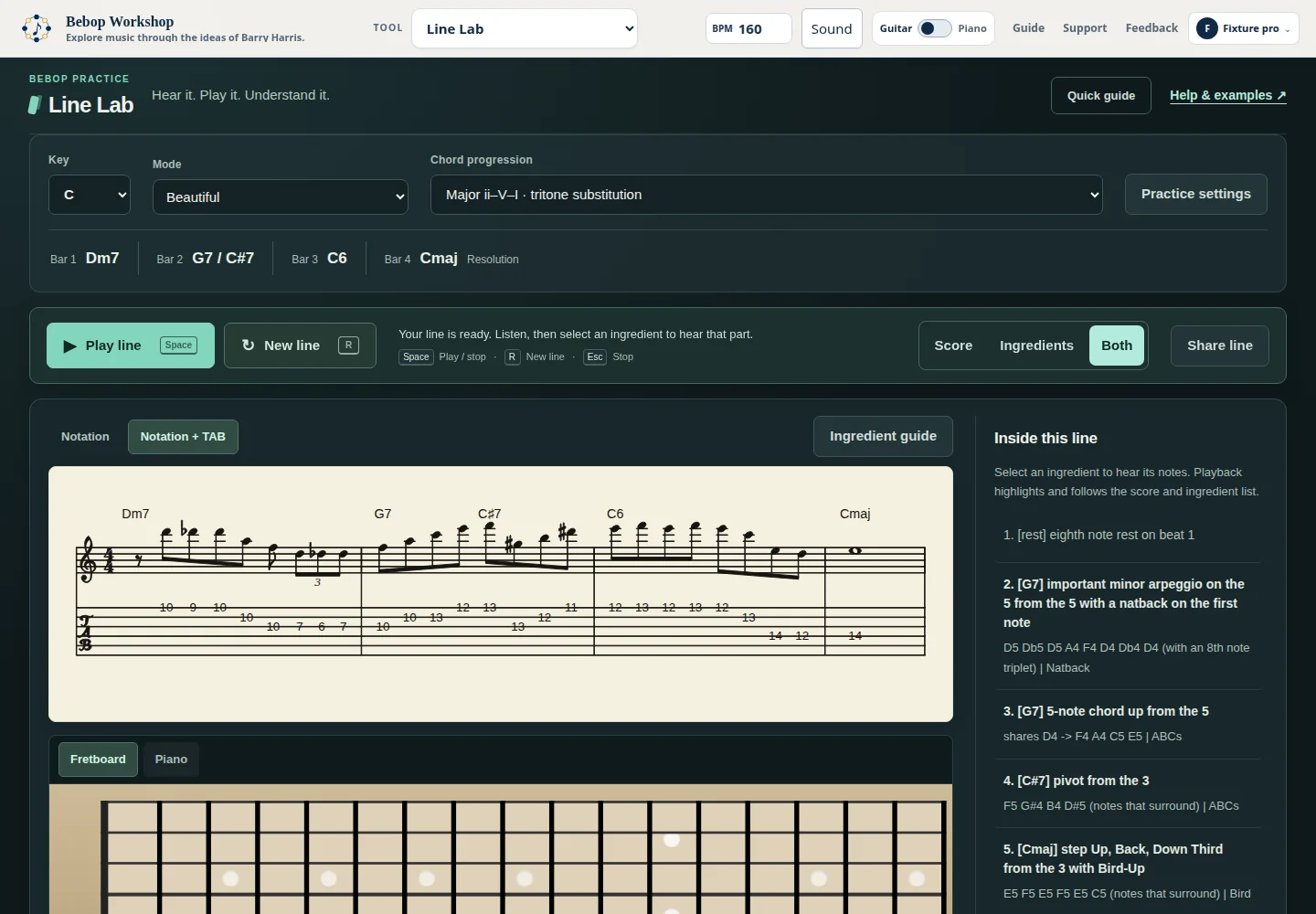 Line Lab showing a generated line with notation, TAB, and an instrument display.