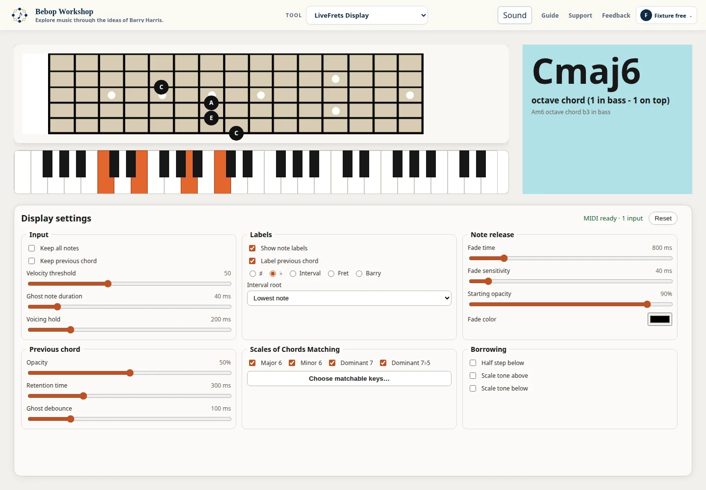 LiveFrets Display showing synthetic MIDI notes across its public fretboard and piano displays.