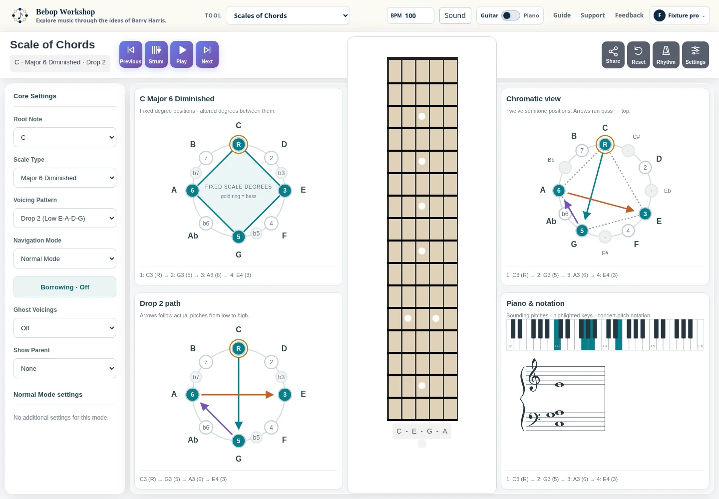 Scales of Chords showing a selected resource and its current guitar voicing.