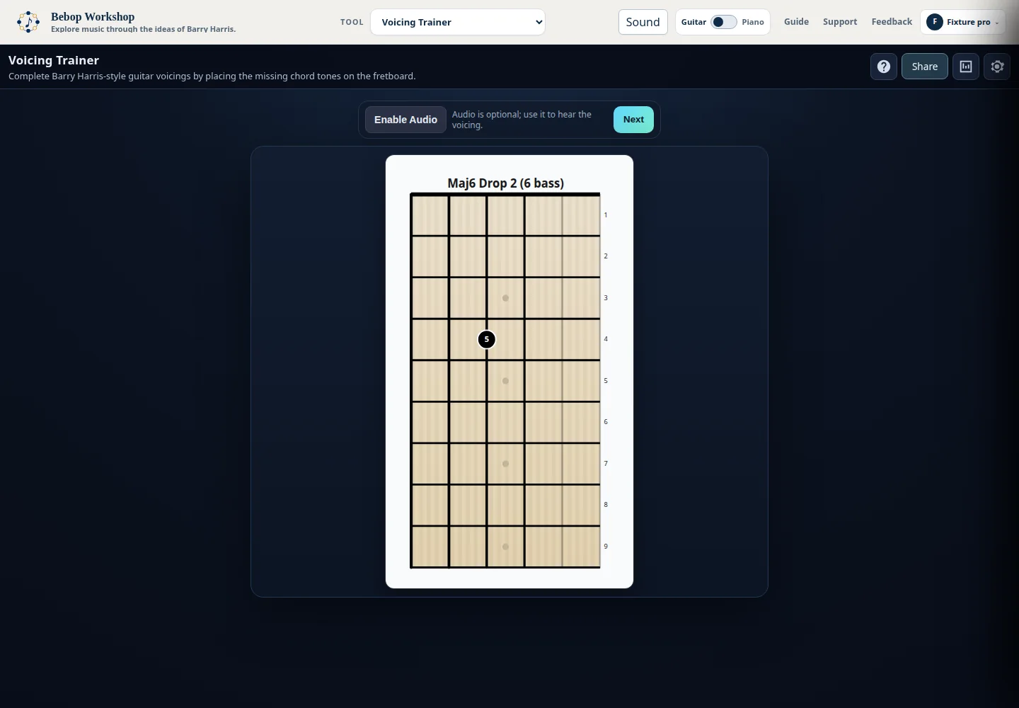 Voicing Trainer showing a voicing-completion question on a guitar fretboard.